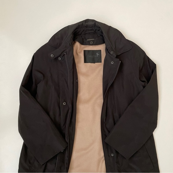 RARE ✨ Calvin Klein Black Car Coat Removable Tan Wool Cashmere Liner, Size Large - Picture 2 of 12